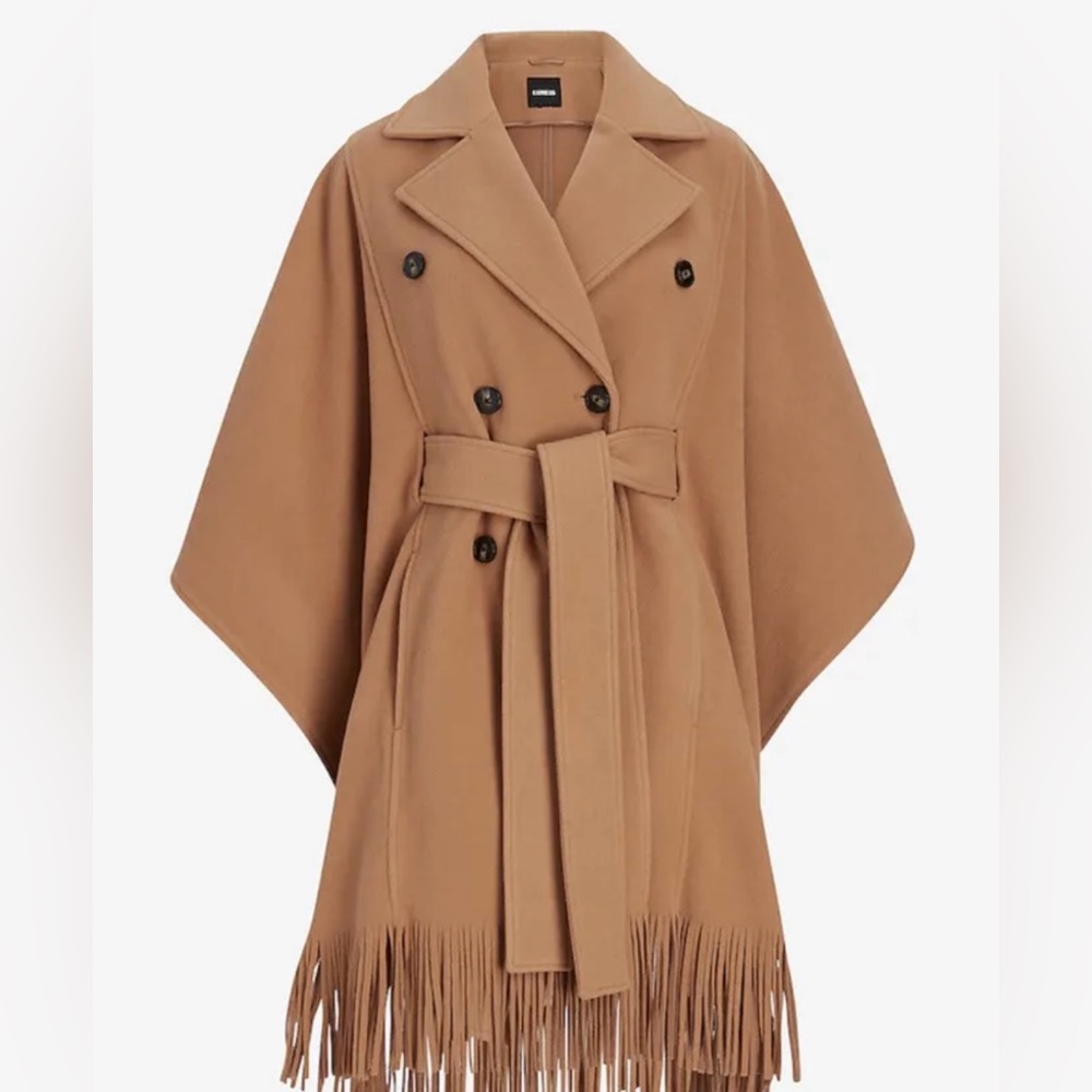 Express Fringe Belted Poncho Coat Butterscotch Camel Women Size M/L $248